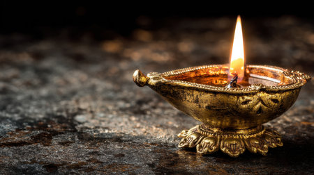 A beautifully crafted antique oil lamp emits a warm flickering flame, casting gentle light on a rustic dark surface, creating an inviting ambiance.の素材