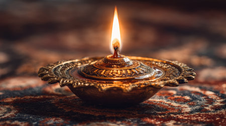 This stunning decorative oil lamp emits a warm flame against a beautifully patterned rug, creating a serene and inviting atmosphere perfect for any setting.の素材