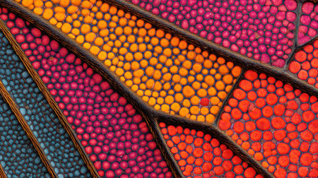 This macro photograph captures the stunning details of an insect wing, featuring vibrant orange, pink, and red patterns that mesmerize the eye.の素材