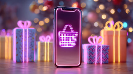 A modern smartphone featuring a neon shopping cart icon stands amid vibrant gift boxes adorned with festive decorations, evoking a joyful holiday shopping atmosphere.の素材