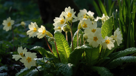 This enchanting image captures yellow primrose flowers gracefully blooming amidst lush green foliage. Soft natural light enhances the serene beauty of spring, creating a tranquil atmosphere perfect for nature lovers and photography enthusiasts.の素材