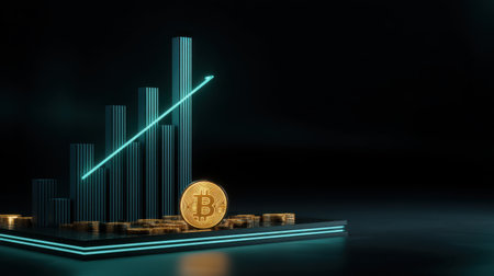 A striking representation of Bitcoin highlighting financial growth, featuring a golden coin alongside a rising graph, symbolizing progress and investment potential.の素材