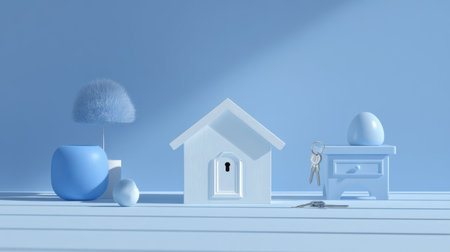 A serene minimalist arrangement showcasing a blue-themed decor with a birdhouse, keys, and decorative objects. This composition emphasizes simplicity and calm.の素材