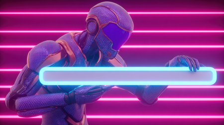 A stylized futuristic robot stands against vibrant neon lights, holding a blank banner, perfect for showcasing technology and innovation themes in a dynamic visual setting.の素材