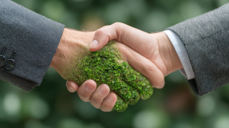 Two hands shaking, with one transformed into lush green moss, represents a unique blend of business collaboration and environmental sustainability.の素材