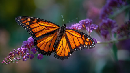 A stunning close-up of a vibrant monarch butterfly perched gracefully on purple flowers, illuminated by soft sunlight against a blurred background.の素材