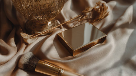 A beautifully arranged makeup scene featuring a sleek mirror box, a soft brush, and a vintage glass vase, all set on draped fabric.の素材