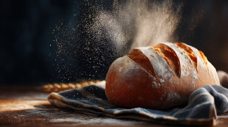 A beautifully crafted loaf of artisan bread sits on a rustic wooden table, dusted with flour, exuding warmth and comfort perfect for a cozy kitchen ambiance.の素材