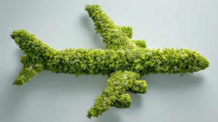 This unique image features an airplane shape crafted from vibrant green vegetation, symbolizing eco-friendly travel and sustainability.の素材
