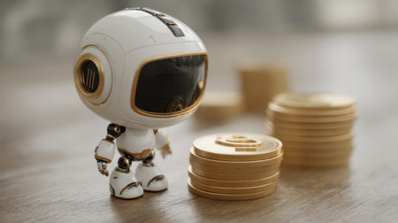 A charming robot character stands beside shiny gold coins, symbolizing wealth and innovation in a modern workspace setting. Perfect for finance themes.の素材