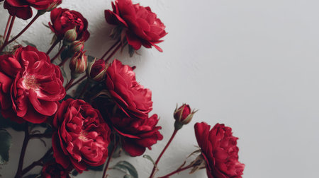 Stunning arrangement of red roses against a soft grey backdrop, highlighting the delicate petals and charming allure of nature's beauty.の素材