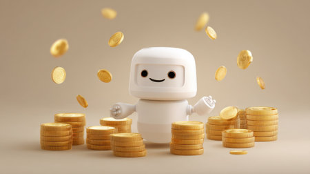 A cute robot stands joyfully among piles of shiny gold coins, with coins playfully falling around it, creating a whimsical and warm atmosphere.の素材