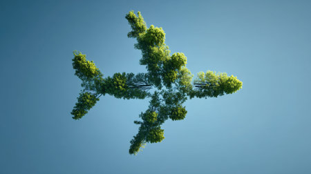 A striking visual of an airplane formed by vibrant trees, highlighting the harmony between nature and travel against a serene blue sky.の素材