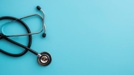 A black stethoscope rests on a vibrant blue background, ideal for conveying themes related to health, medicine, and wellness. Perfect for designs.の素材