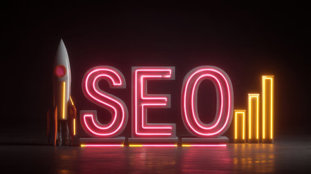 A vibrant depiction of digital marketing elements featuring a rocket and neon SEO text, symbolizing growth, innovation, and brand success in a modern world.の素材