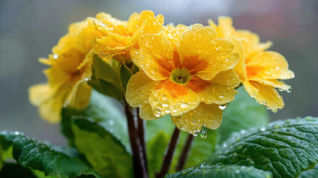 A stunning close-up of yellow flowers with raindrops, capturing the essence of nature's beauty and freshness. Perfect for spring themes.の素材