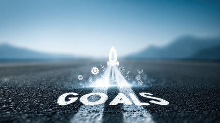 This image features a symbolic rocket launch on a road, illustrating the journey towards personal goals. It inspires motivation and creativity for achieving success.の素材
