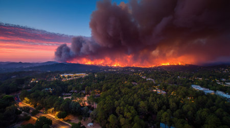 A stunning aerial view depicts a forest fire raging over the mountains, with vibrant sunset colors enhancing the dramatic sky above the smoke.の素材