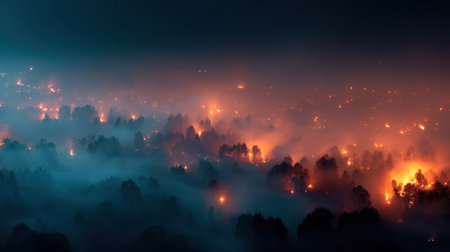 A stunning aerial view captures a forest fire under a night sky. The scene showcases glowing embers, swirling smoke, and a threatening landscape, emphasizing nature's beauty and peril.の素材