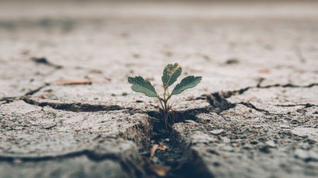 A small green plant emerges through cracks in dry earth, symbolizing resilience and the power of nature to thrive in harsh conditions.の素材