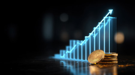 Visual representation of financial growth featuring cryptocurrency coins beside a rising graph, showcasing digital investment trends and analysis.の素材