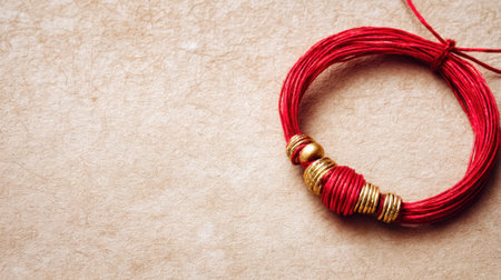 This image features a beautifully crafted bracelet made from vibrant red thread and adorned with elegant gold accents, ideal for showcasing fashion accessories.の素材