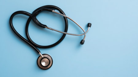 An elegant stethoscope rests on a smooth blue background, symbolizing the vital role of medical professionals in patient care and diagnosis.の素材
