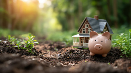 A piggy bank rests beside a miniature house in a serene forest, symbolizing financial planning and aspirations for home ownership.の素材