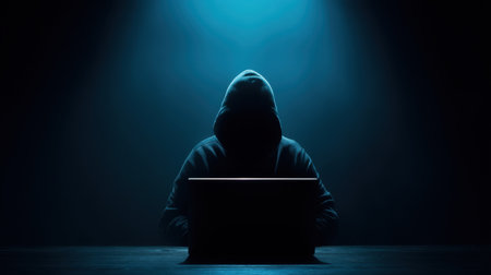 A mysterious figure cloaked in a hoodie sits before a laptop in a dark setting. The striking blue light creates an atmosphere of intrigue, emphasizing themes of cybersecurity and digital privacy.の素材