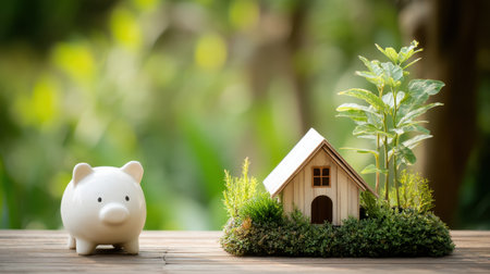 A charming miniature house surrounded by vibrant greenery next to a piggy bank, representing the importance of savings and investment in homeownership.の素材