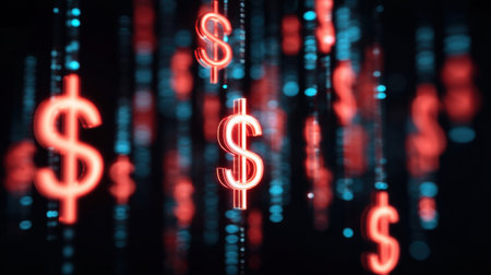 A stunning visualization of neon dollar signs cascading in a digital space, symbolizing finance, investment, and economic success in modern technology.の素材