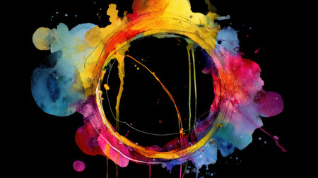 This vibrant watercolor splash showcases a circular formation filled with rich colors on a dark background, perfect for creative projects.の素材