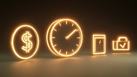 This neon illustration showcases money, time, security, and document symbols, conveying core business concepts in a modern digital aesthetic.の素材
