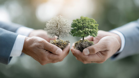 Two hands hold miniature trees, symbolizing the choice between sustainability and environmental responsibility in business.の素材