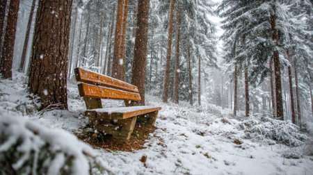 A serene winter forest scene featuring a wooden bench covered in snow, surrounded by tall pine trees under a gentle snowfall. Ideal for tranquility.の素材