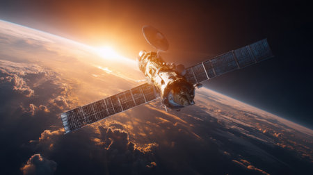 An awe-inspiring image captures a spacecraft orbiting Earth, illuminated by a stunning sunrise showcasing vibrant clouds and colors.の素材