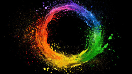 This striking image features a vibrant splatter circle created with vivid colors on a black background, perfect for creative projects.の素材