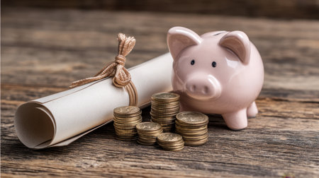 This image features a pink piggy bank next to a set of coins and a scroll, symbolizing savings, financial planning, and investment strategies for future goals.の素材