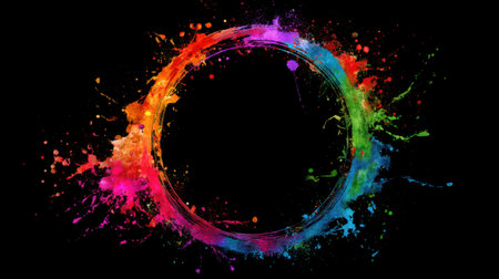 A vibrant circle of colorful splashes against a solid black backdrop, perfect for artistic projects, graphic design, or creative inspiration.の素材