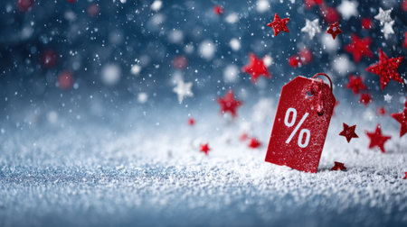 A vibrant red discount tag with a percentage sign stands out amid a snowy background filled with festive stars and snowflakes, creating a joyous holiday atmosphere.の素材