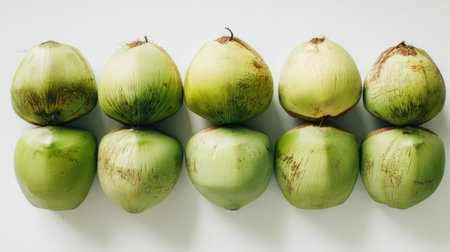 A vibrant display of fresh green coconuts arranged on a clean white background, showcasing their natural texture and detail, ideal for culinary and tropical themes.の素材