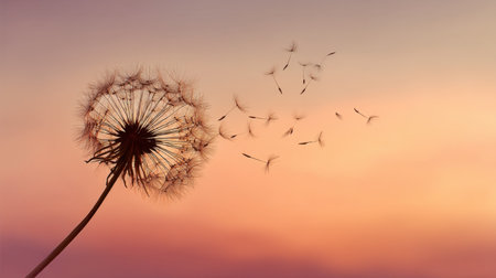 A stunning image of a dandelion releasing its seeds into a gentle breeze, set against a serene sunset sky filled with pastel colors.の素材