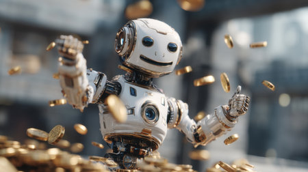 A joyful robot animatedly interacts with flying coins in a futuristic city, representing the fusion of technology, innovation, and celebration.の素材