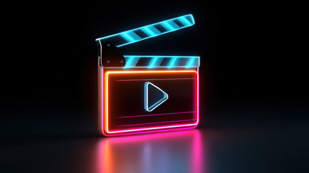 This image features a vibrant neon clapperboard with a play button, set against a dark background, symbolizing creativity and film production.の素材