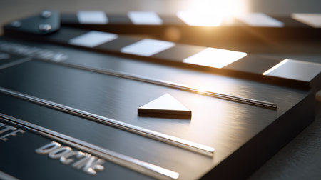 This image features a close-up view of a movie clapperboard set on a surface, illuminated by soft light, emphasizing its significance in the filmmaking process.の素材