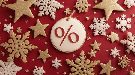 Bright red background decorated with shiny gold stars and white snowflakes, featuring a percentage ornament, perfect for holiday promotions.の素材