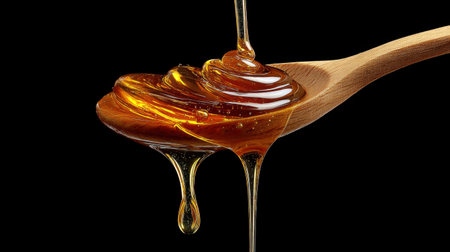 Captivating image of golden honey dripping from a wooden spoon, showcasing its glossy texture and sweet aroma, ideal for culinary and health themes.の素材