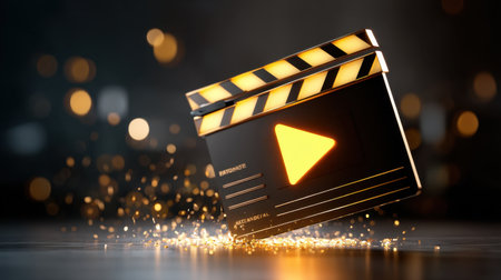 A striking movie clapper board featuring a glowing play button, set against a dark backdrop with sparkling effects, perfect for film-related projects.の素材