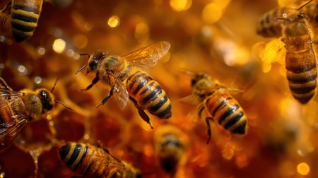 Explore the fascinating world of honey bees as they diligently gather nectar and maintain their hive, highlighted against the glowing amber honey.の素材