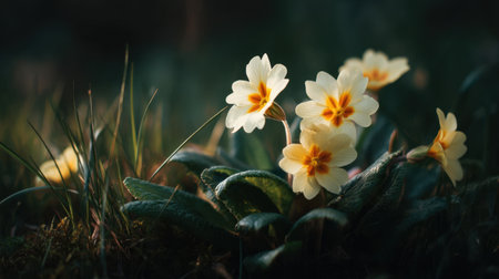 Capture the essence of spring with delicate yellow flowers emerging amidst lush greenery, illuminated by soft natural light in a serene setting.の素材